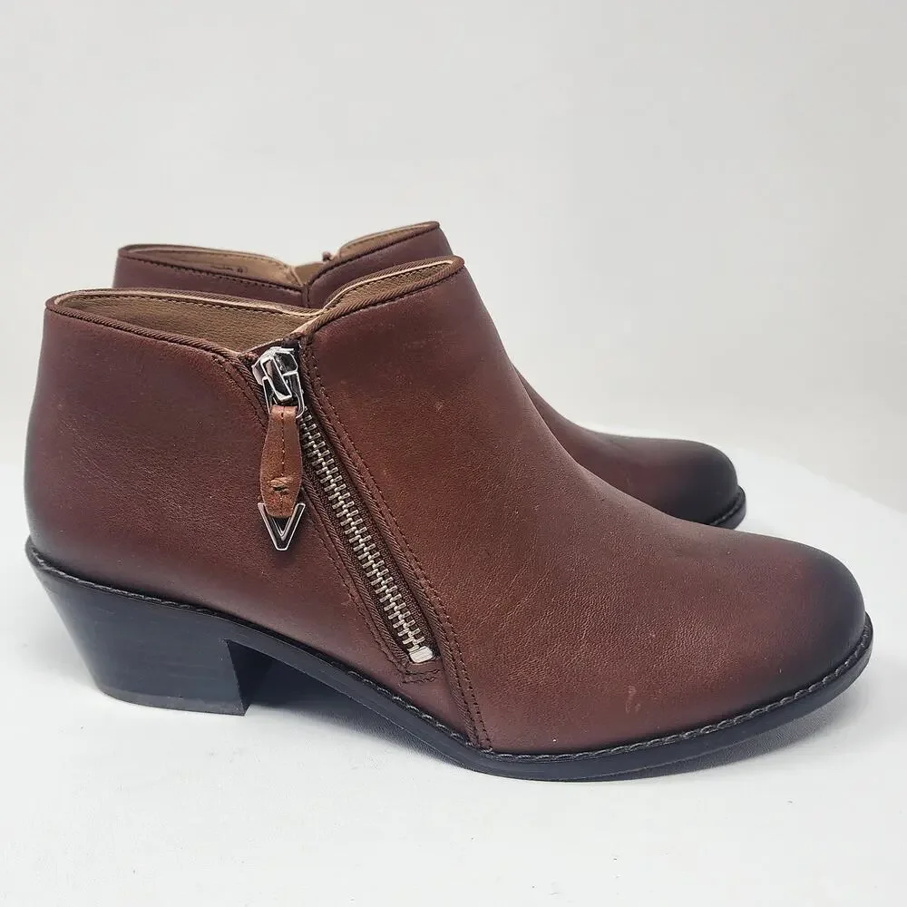 Vionic Jolene Bootie Women 6.5 Brown Leather Burnished Toe Side Zip Boots VS350